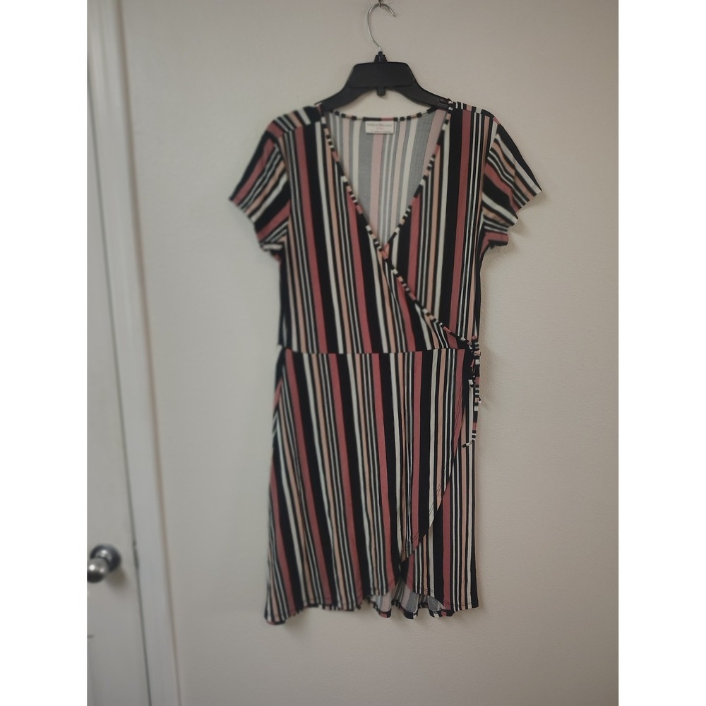 Bobbie Brooks Ladies Pink Black Striped‎ Faux Wrap Dress Short Sleeve Large